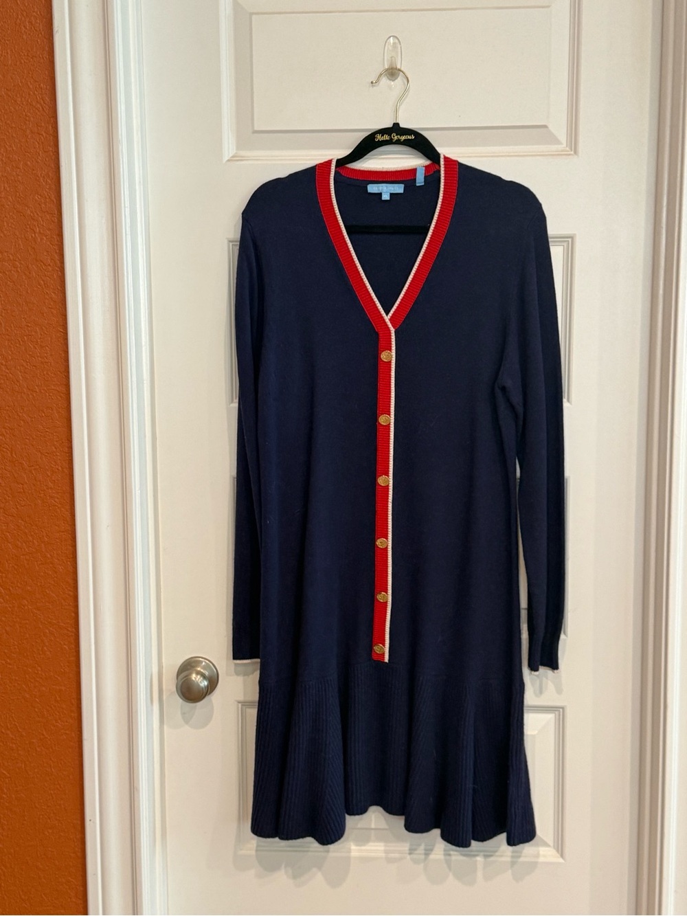 Draper James Navy Long Cardigan Dress with Red Trim